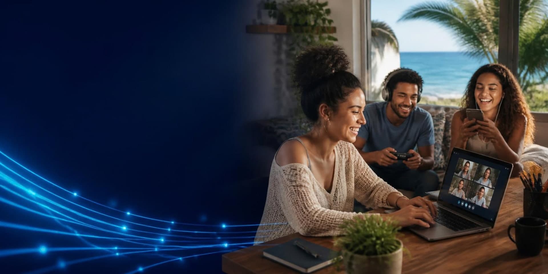 Jovens em casa usando a internet da TecnoNet, com vista para o mar de Porto Seguro